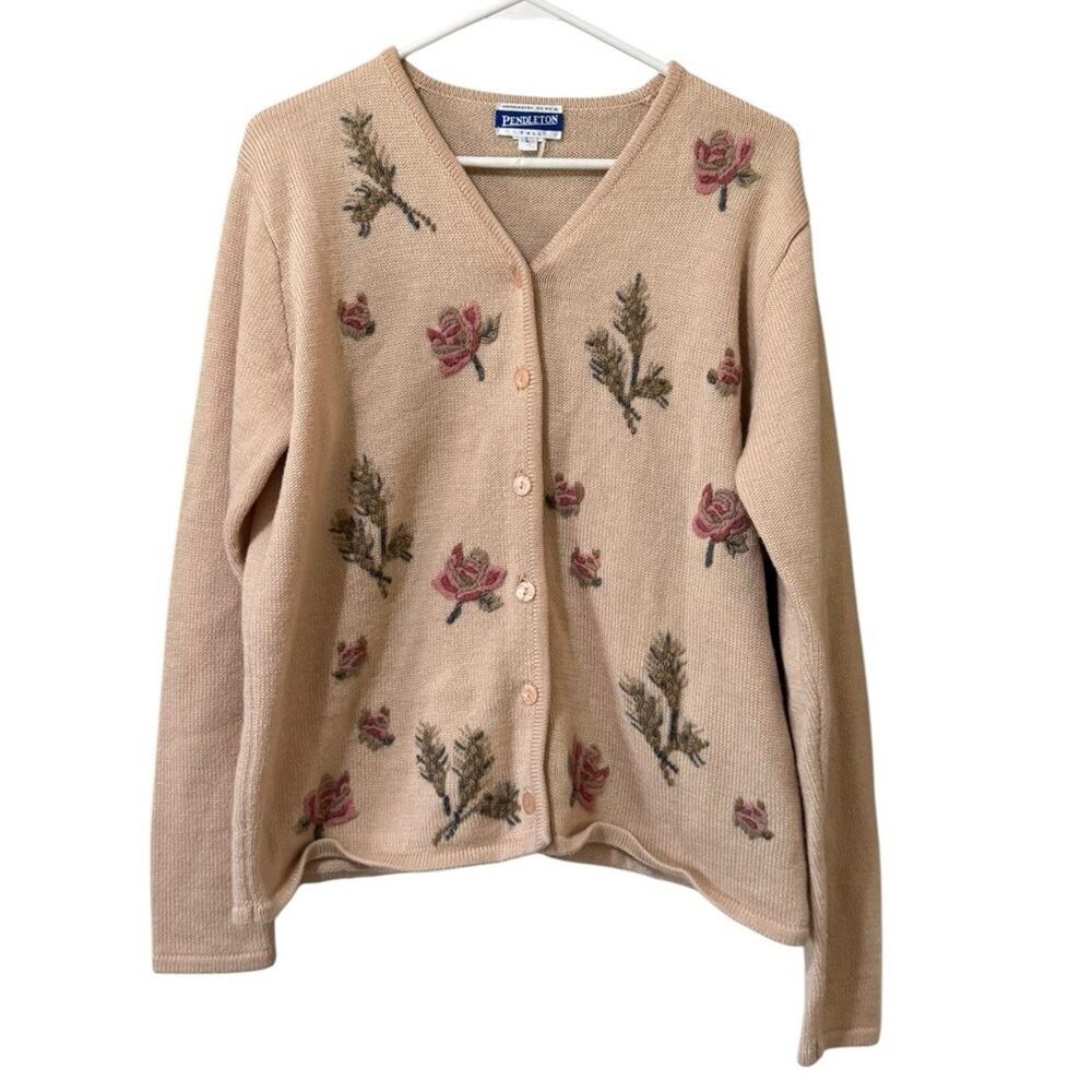 Pendleton Women Size Large Tall Button Down Cardigan Sweater Embroidered Flowers